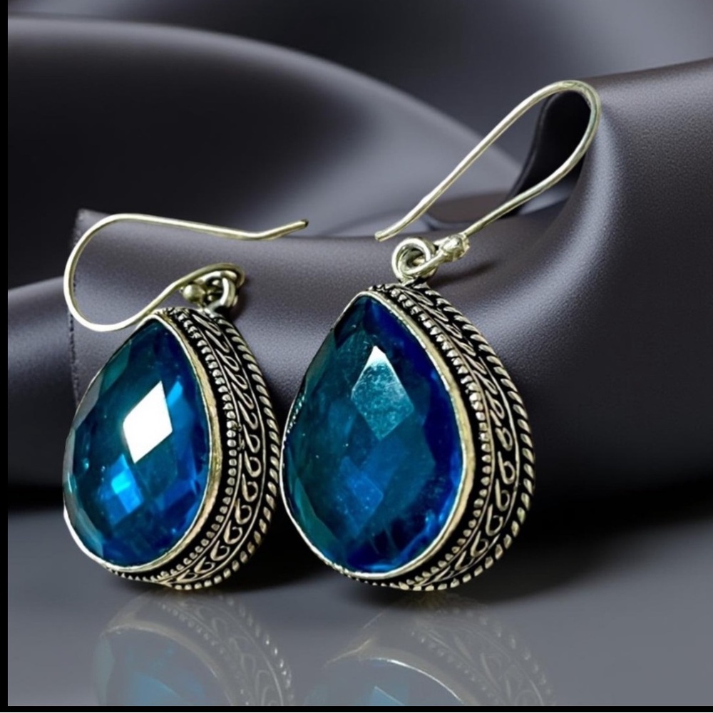 Sterling silver earrings Blue / Teal 925 earrings facets cut Beautiful - Picture 5 of 13